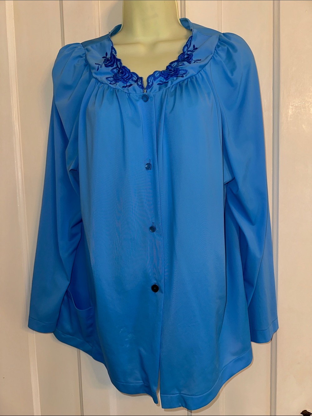 Vintage Blue Nylon Long Sleeve Smock Button Front Pajama Top with pocket